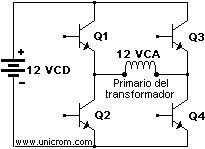 Diagrama de inversor con 4 transistores  conectado al primario del transformador  -  Electr�nica Unicrom