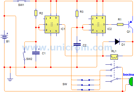Circuito de alarma para automóvil con dos 555 - Electrónica Unicrom
