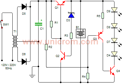 Diagrama de luz de emergencia con diodos LED - Electrónica Unicrom